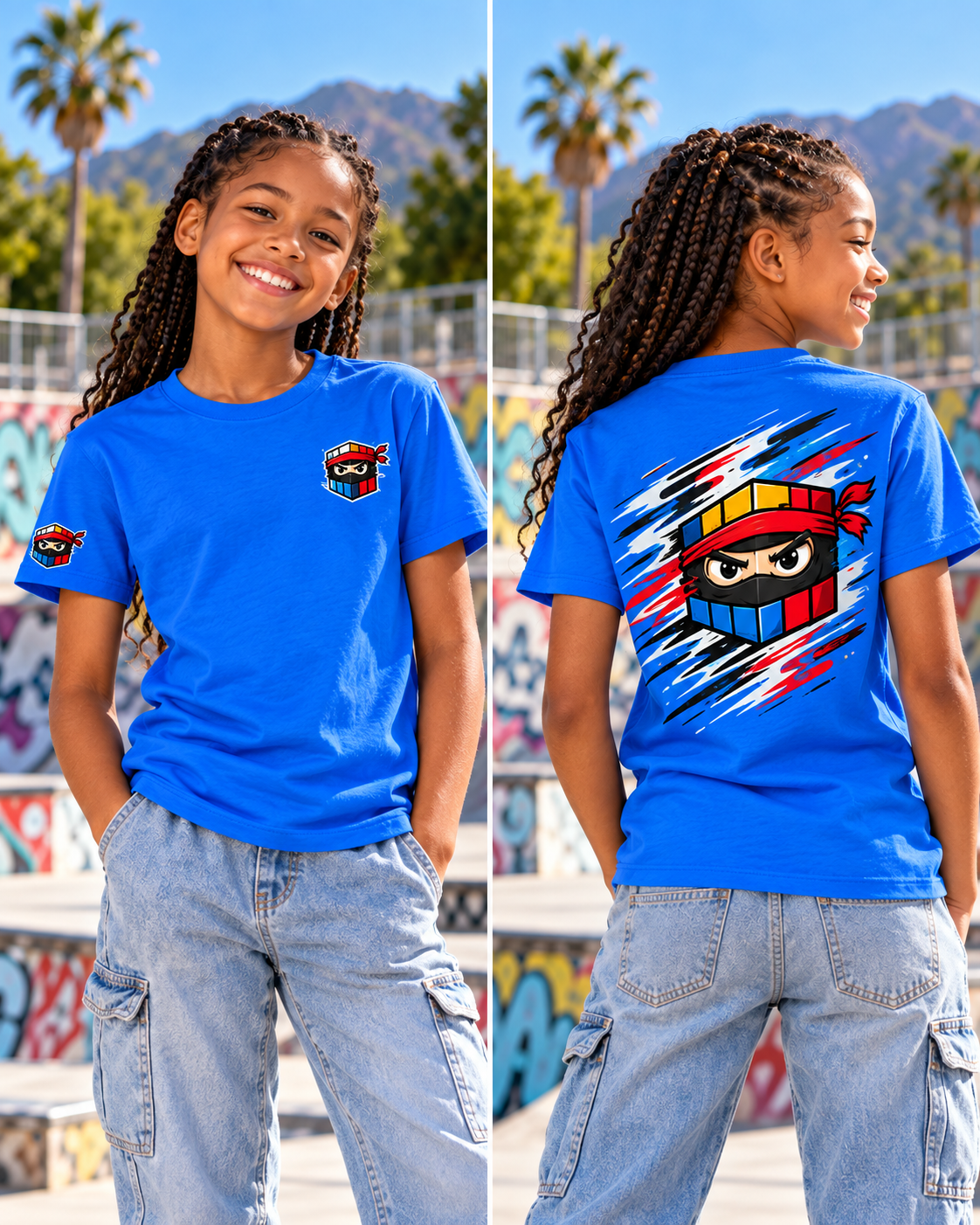 Girl modeling blue Cube Ninjas tee, front and back