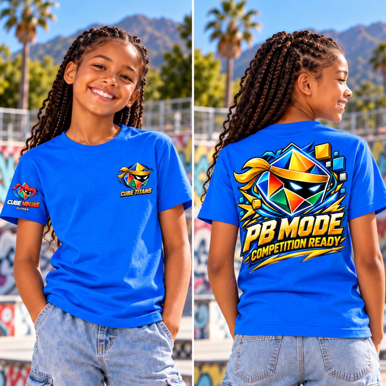 Girl modeling the blue Cube Titans tee, front and back