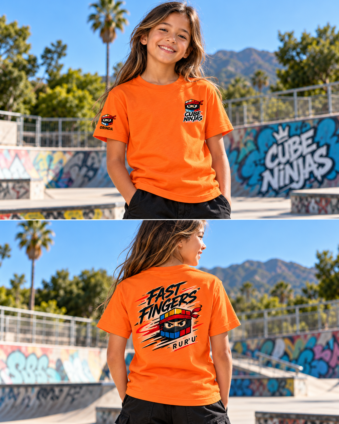 Fast Fingers orange tee shown on a model, showing the crest front and graphic back