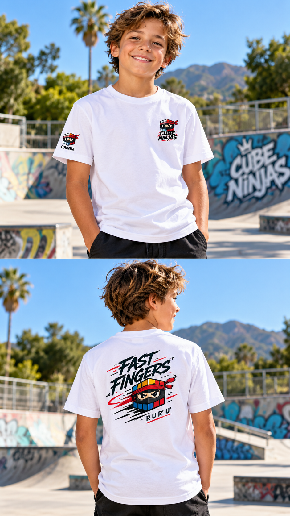 Boy modeling white Cube Ninjas tee, full front and back views