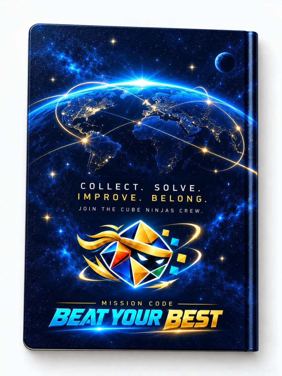 Cube Ninjas Passport back cover with Earth, the ninja-faced cube, and the words Collect, Solve, Improve, Belong
